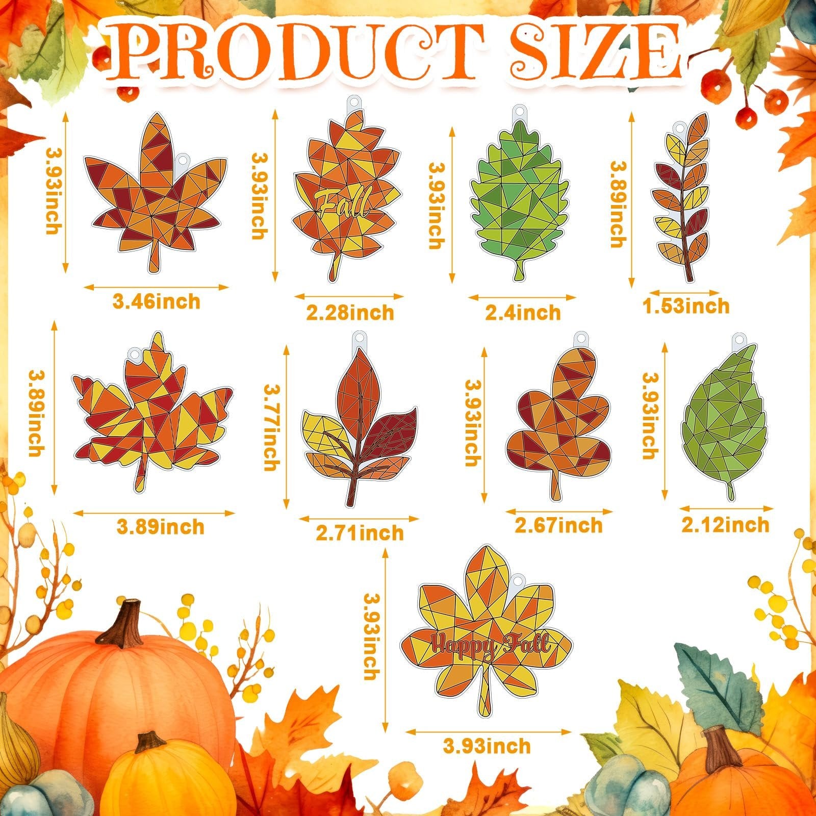 Autumn leaf suncatcher paint kit with dimensions shown, featuring pumpkins and fall leaves.