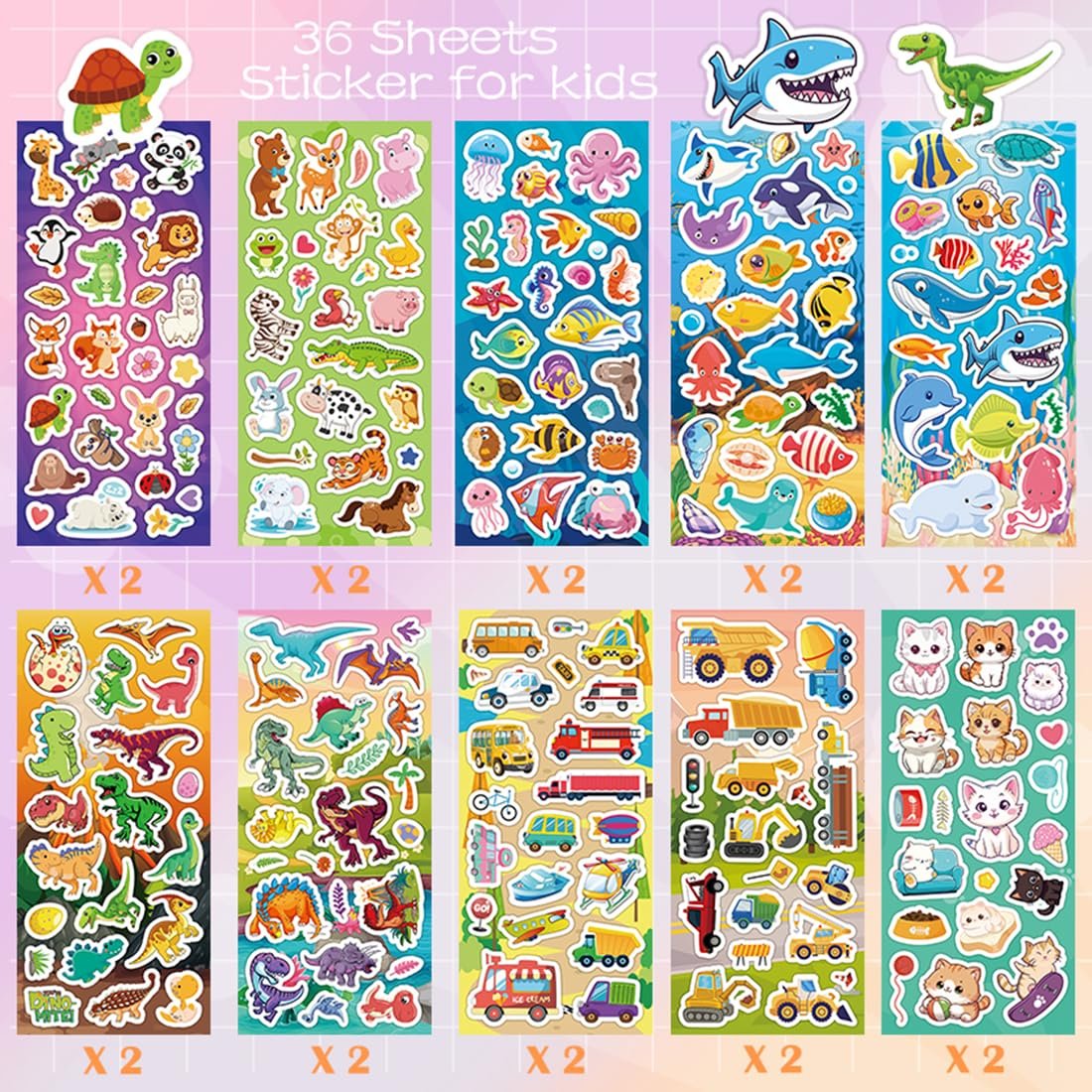 Collection of 36 sheets of kids' stickers featuring animals, dinosaurs, vehicles, and cats, arranged in rows and columns.