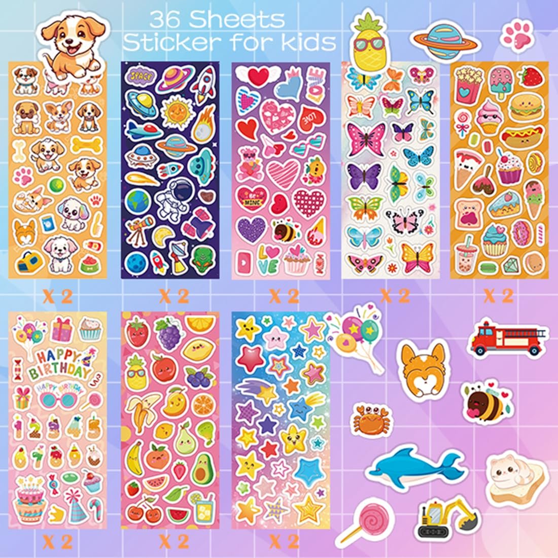 Collection of 36 sheets of kids' stickers featuring animals, fruits, space, and birthday themes. Multiple sticker sheets are displayed in rows.