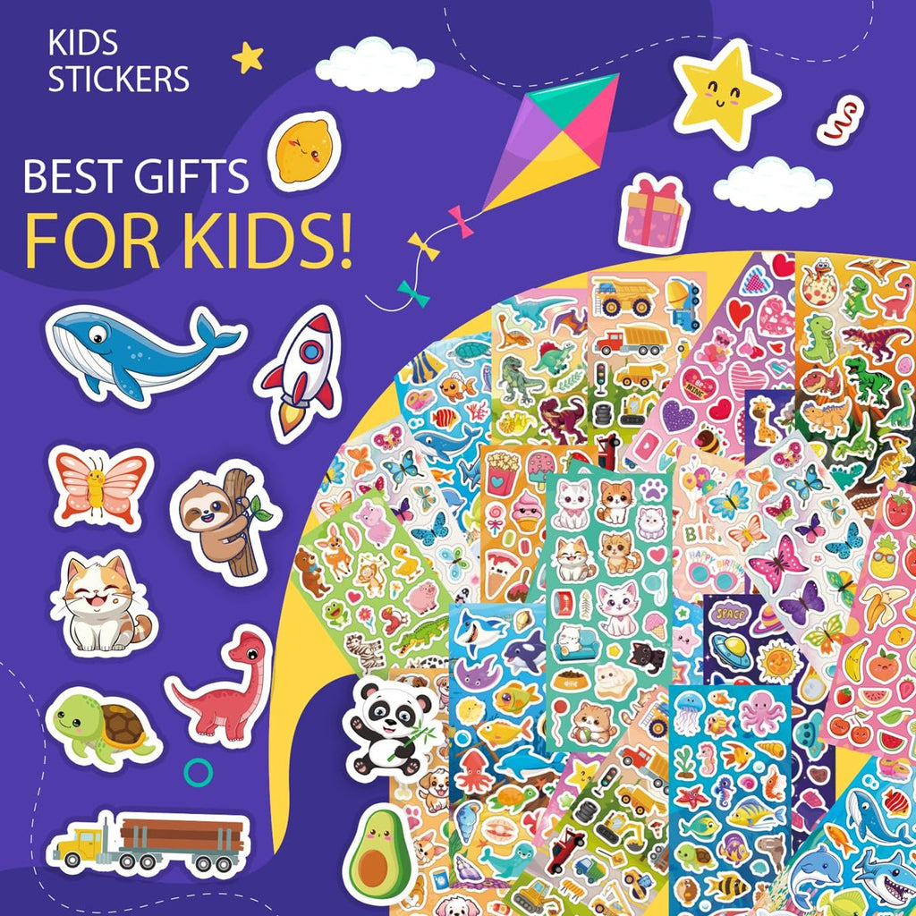 Collection of kids' stickers featuring animals, fruits, vehicles, and shapes on a purple background with decorative elements.