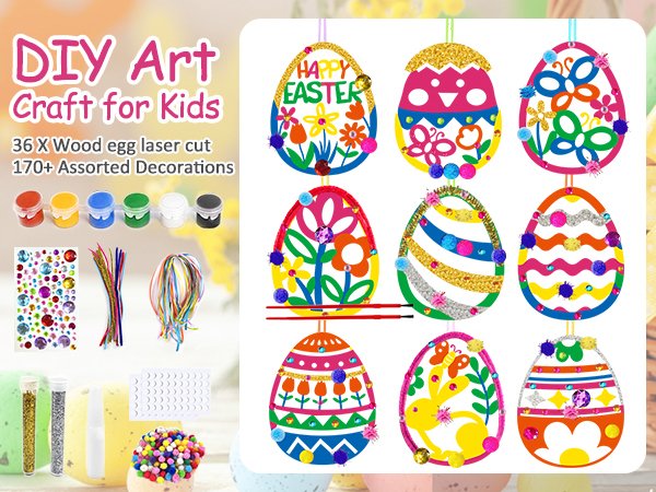 Easter egg craft kit for kids showing 36 wooden eggs and assorted decorations like paints, pom-poms, pipe cleaners, and rhinestones.