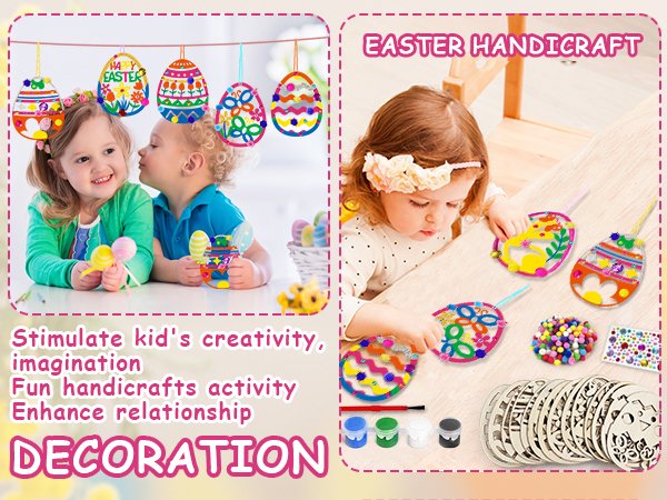 Children decorating wooden Easter ornaments with craft supplies. Includes paints, pom-poms, and rhinestones.