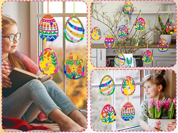 Children decorating and displaying colorful wooden Easter egg ornaments