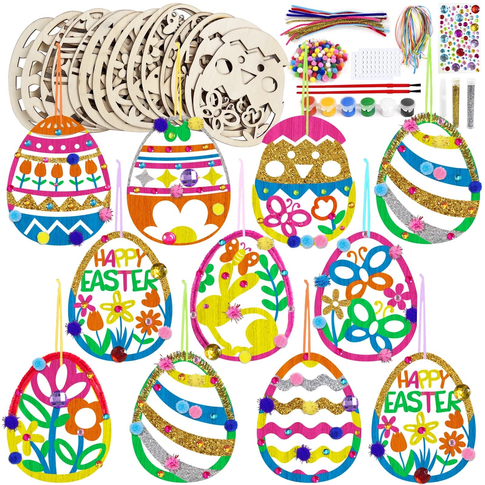 Easter egg craft kit with wooden ornaments, paints, pom-poms, pipe cleaners, rhinestones, and satin cords
