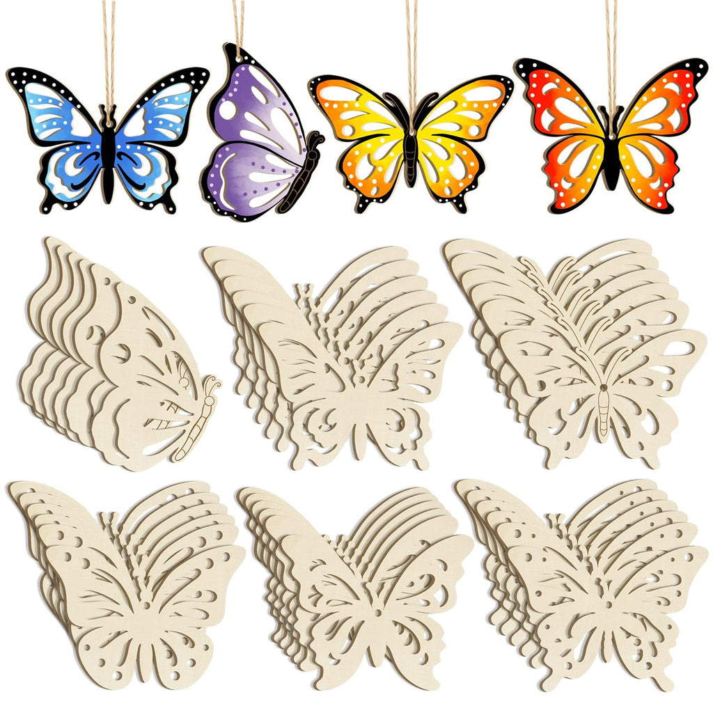 Four painted butterfly ornaments hanging and stacks of unfinished wooden butterfly cutouts
