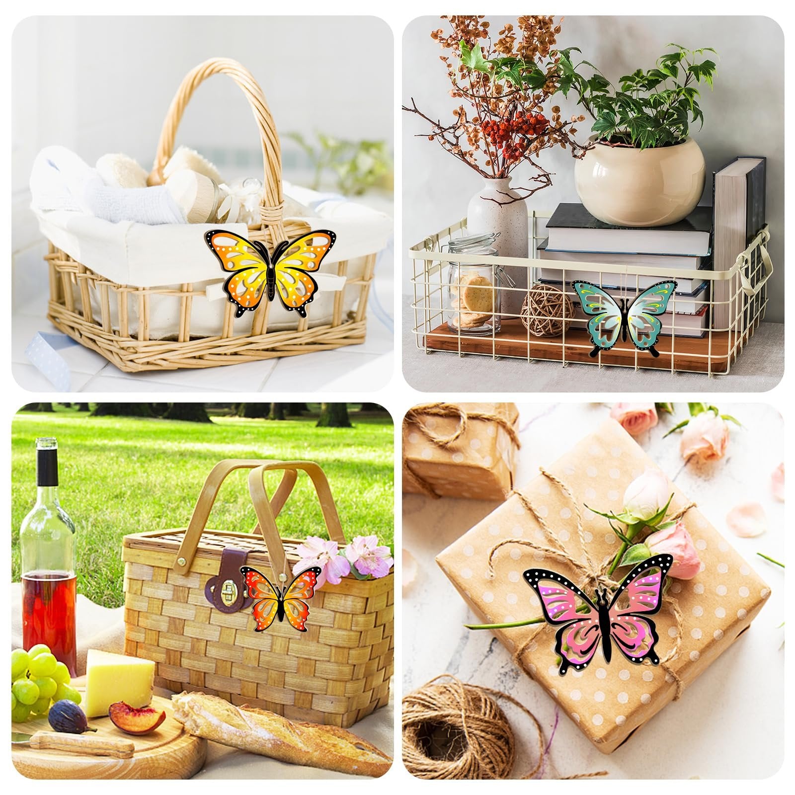 Four decorative butterfly ornaments displayed in different lifestyle settings: on a picnic basket, in a decorative basket with plants, on a picnic blanket with food, and on a gift-wrapped package.