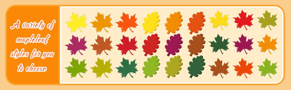 Assortment of colorful maple leaf paper cutouts in various fall colors and styles, arranged in rows.