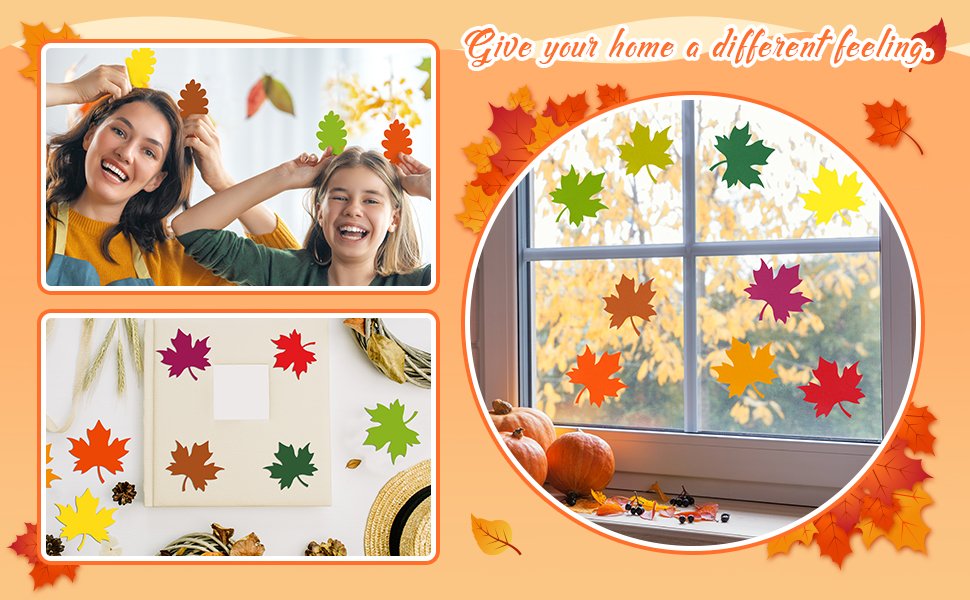 Collage of fall-themed maple leaf cutouts in various colors, shown on a window, with people and craft supplies.