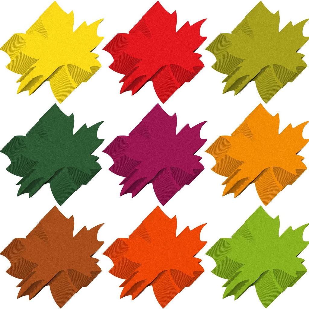 Nine stacks of colorful maple leaf paper cutouts in yellow, red, olive green, dark green, purple, orange, brown, bright orange, and light green.