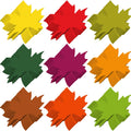 Nine stacks of colorful maple leaf paper cutouts in yellow, red, olive green, dark green, purple, orange, brown, bright orange, and light green.