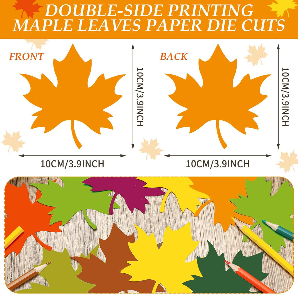Maple leaf paper cutouts in multiple fall colors shown with dimensions and front/back views.