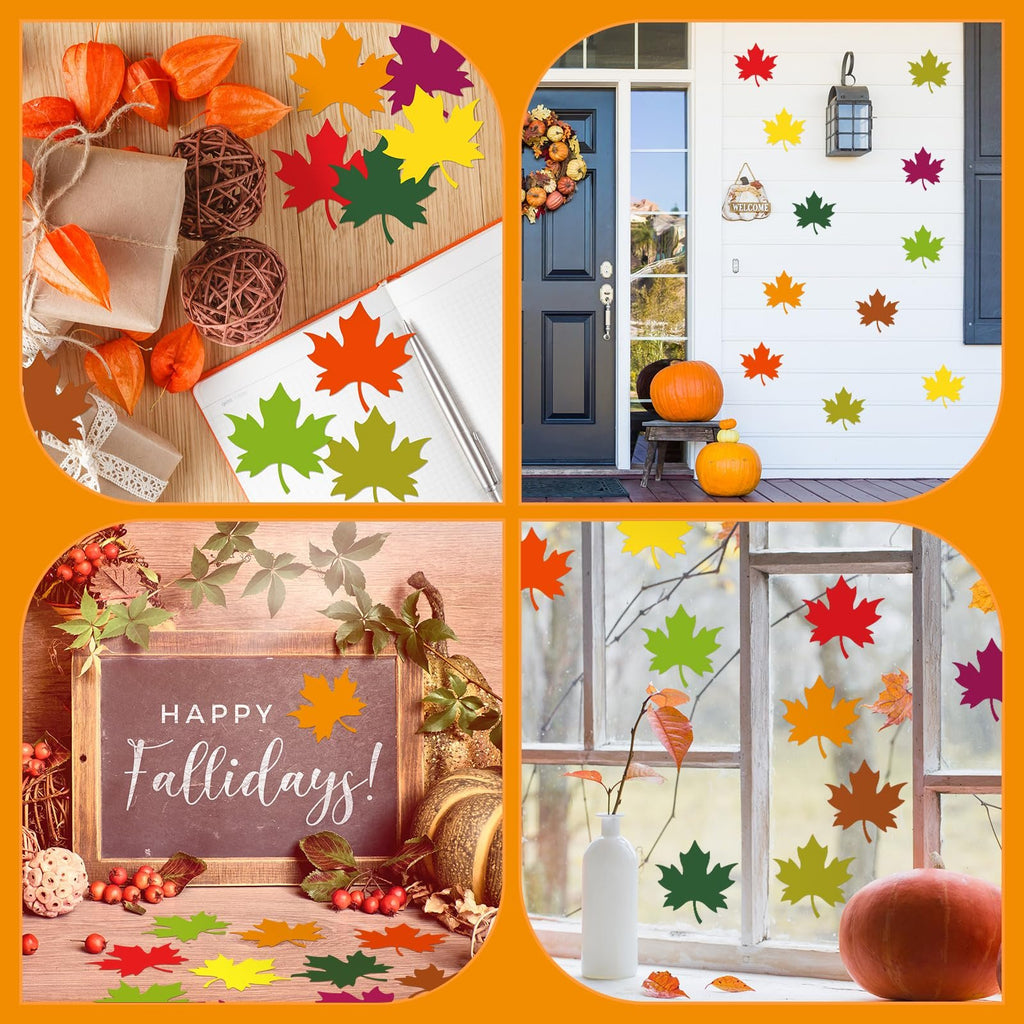 Collage of fall-themed maple leaf cutouts in various colors and settings, including on a desk, on a house exterior, on a chalkboard, and on a window.