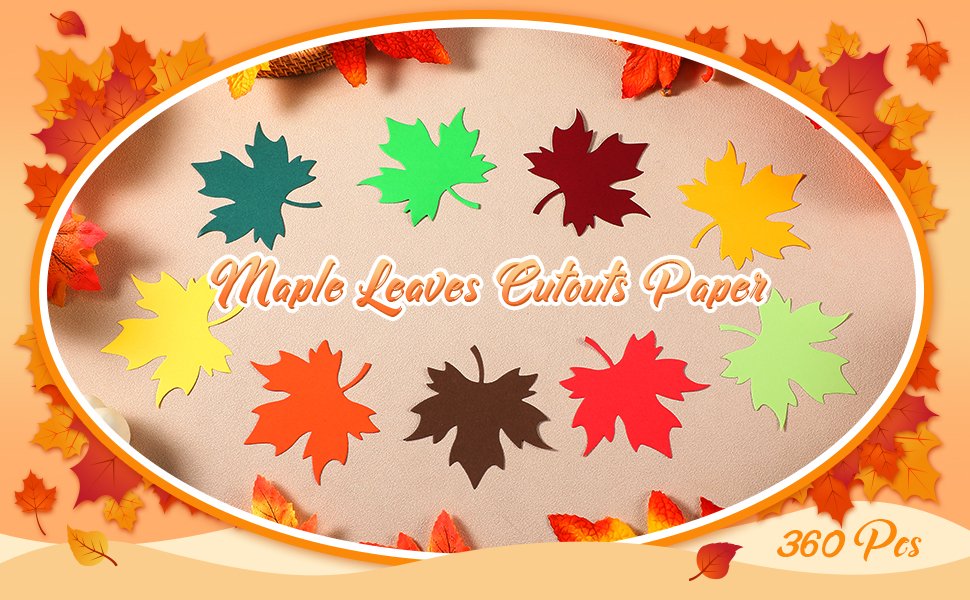 Assorted colorful maple leaf paper cutouts arranged in an oval shape with text overlay.
