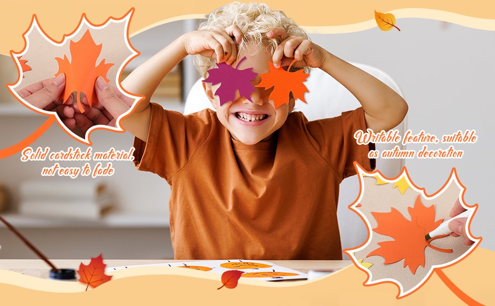 Smiling child holding colorful maple leaf cutouts over eyes, with inset images showing leaf details and writing on a leaf.