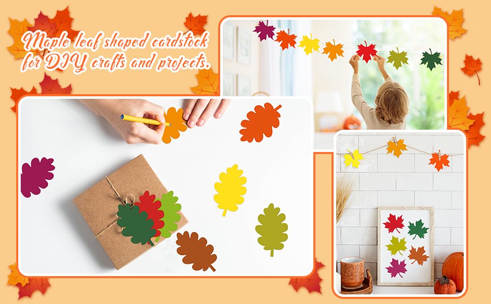 Collage of autumn leaf cutouts used for crafts and decoration. Includes a child hanging a leaf garland, hands decorating a gift box, and leaves displayed in a framed picture.
