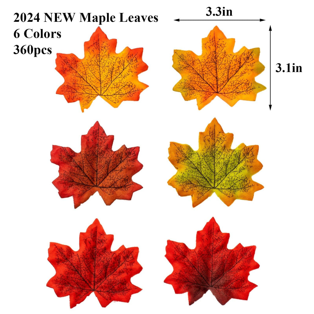 Six artificial maple leaves in red, orange, and yellow, with dimensions indicated.