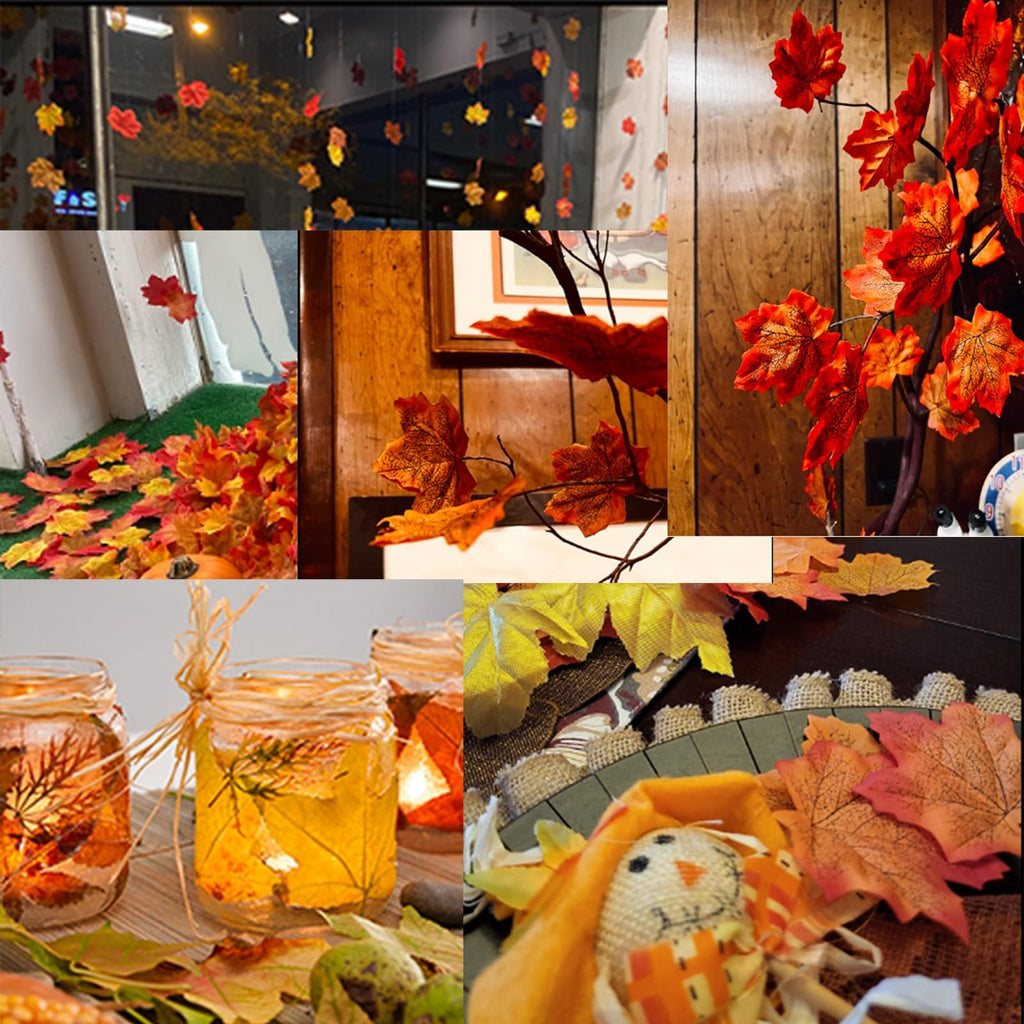 Collage of artificial maple leaves in various fall colors used for decoration, including hanging leaves, scattered leaves, and leaves on branches.