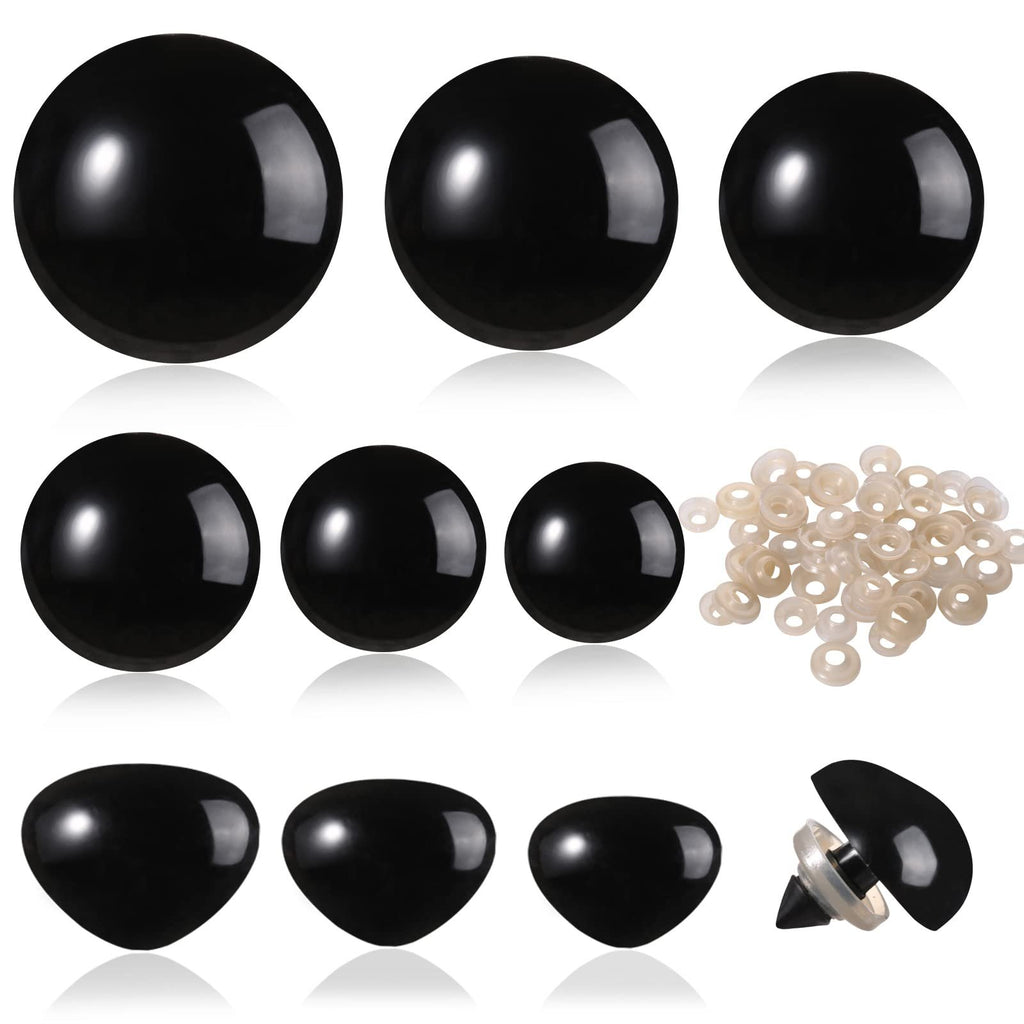 Set of black plastic safety eyes and noses with washers for crafts, shown in various sizes and shapes.