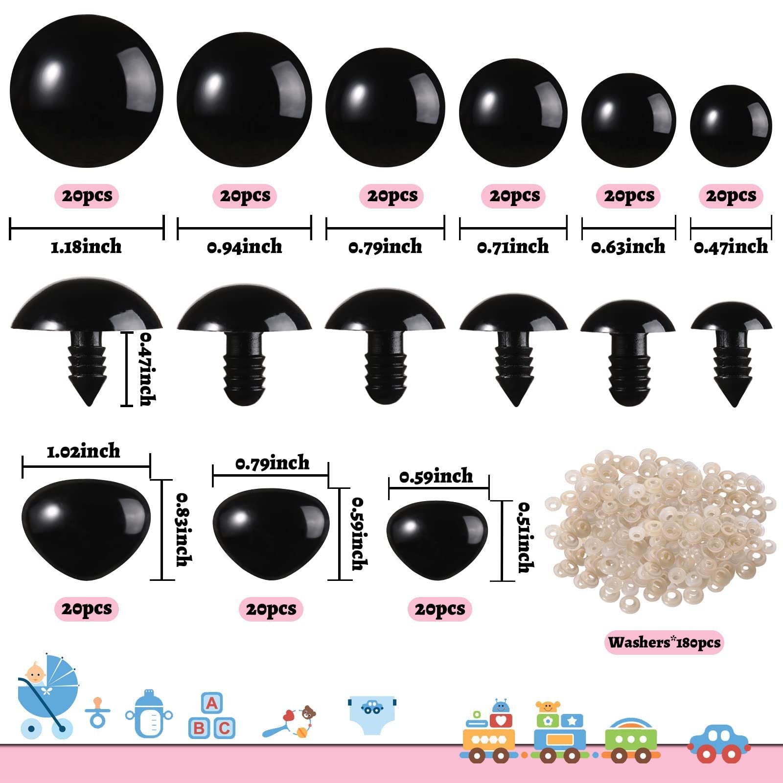 Various sizes of black plastic safety eyes and noses with washers for crafts, displayed with dimensions and quantities.