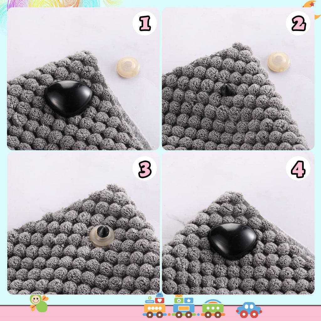 Four panels showing how to attach a black heart-shaped safety eye to a grey textured fabric with a washer.