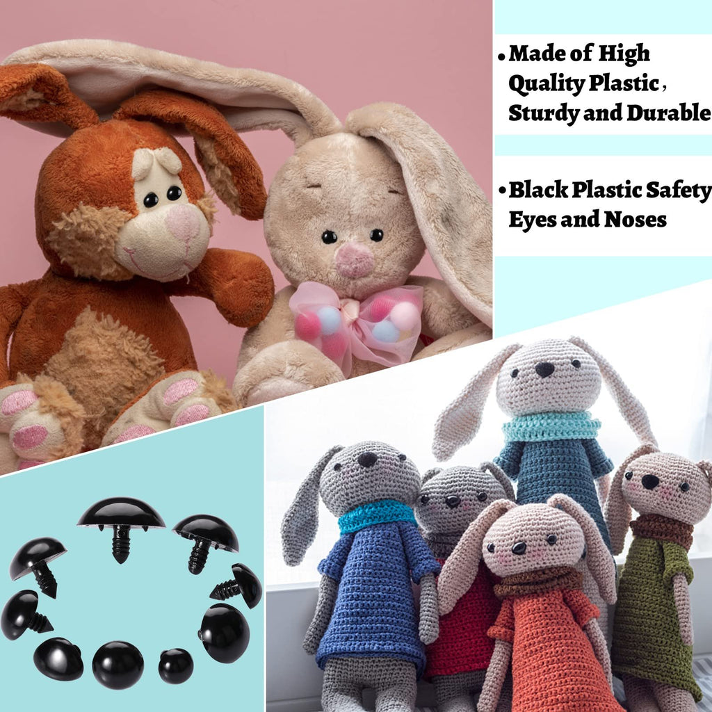 Black plastic safety eyes and noses arranged in a circle on a blue background, with plush and crochet bunnies in the background.