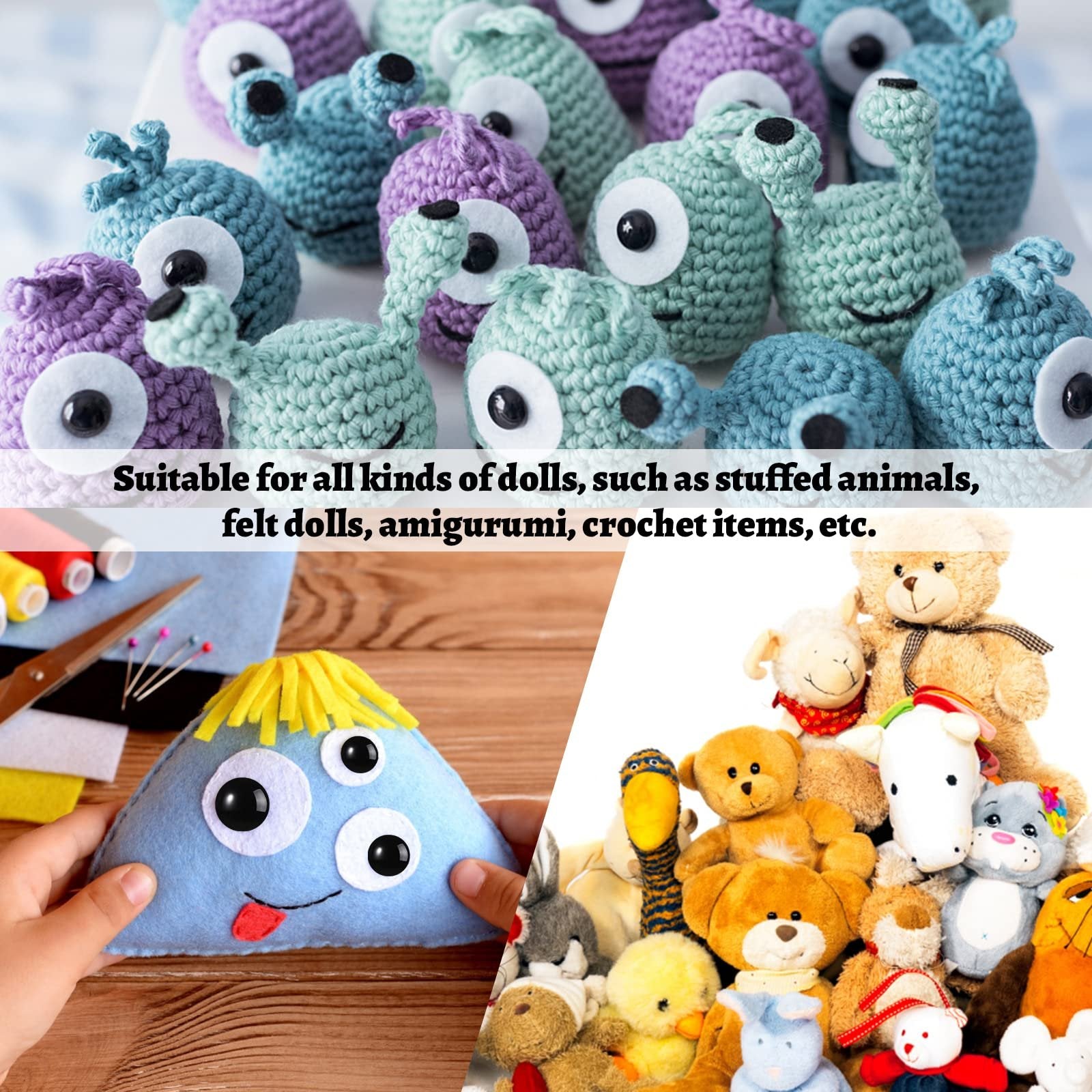 Crocheted stuffed monsters and a DIY felt craft project with sewing supplies and a pile of plush toys.