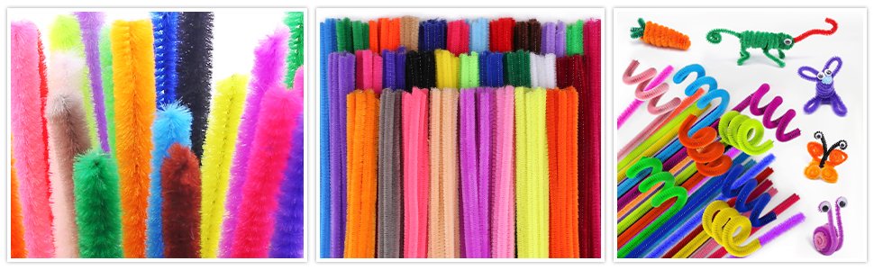 Assorted colorful chenille pipe cleaners and craft creations including a butterfly, snail, chameleon, and alien.