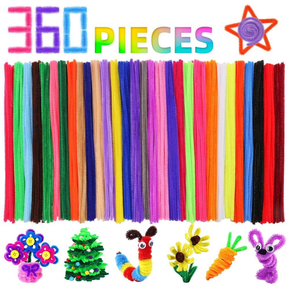 Assorted colorful pipe cleaners arranged in rows with craft examples below on a white background.