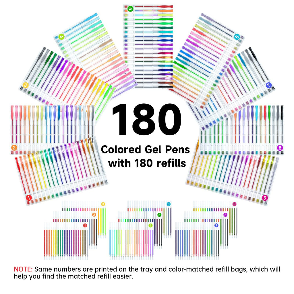 Assortment of 180 colored gel pens and 180 refills arranged in trays and bags.
