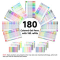 Assortment of 180 colored gel pens and 180 refills arranged in trays and bags.