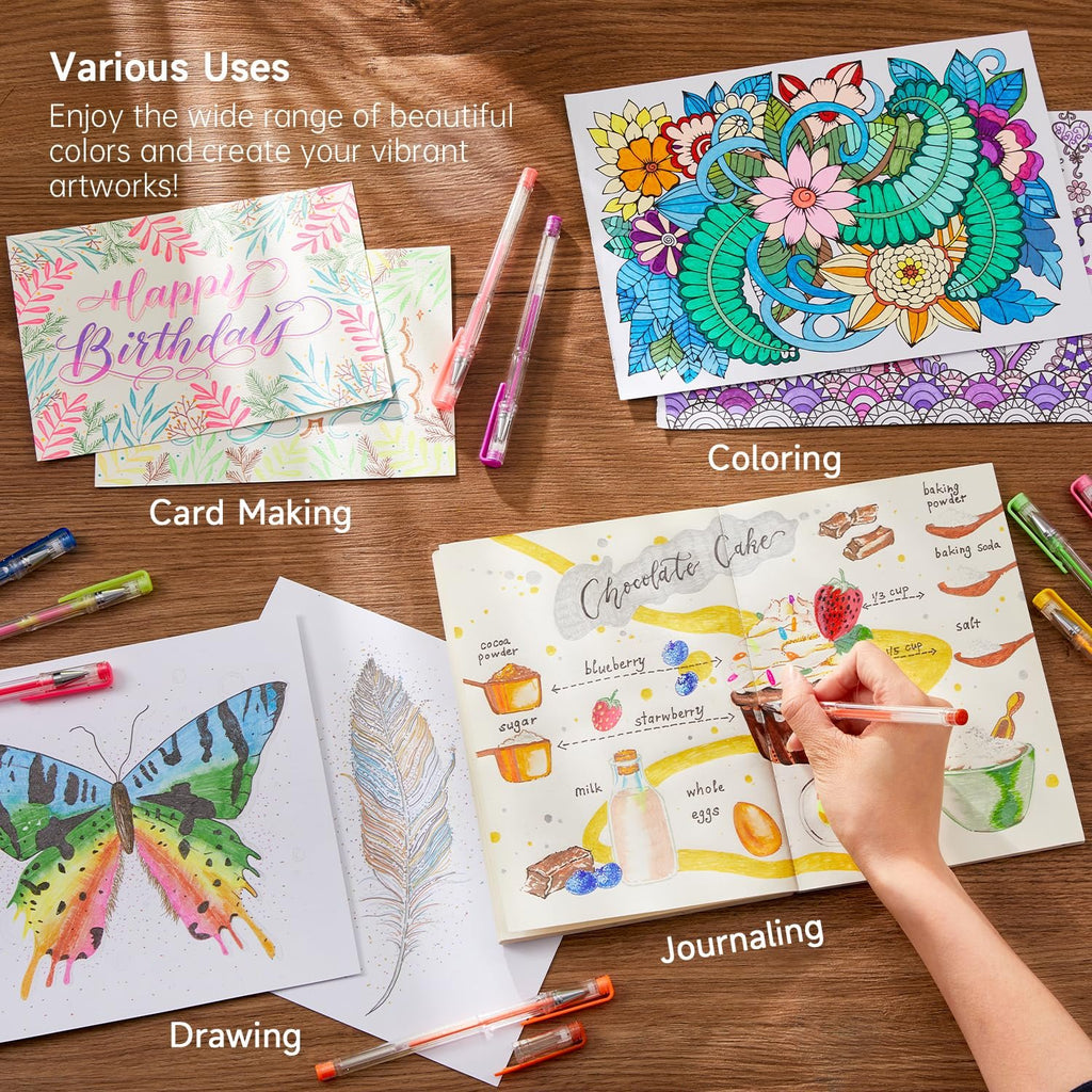 Gel pens and artwork demonstrating various uses including card making, drawing, coloring, and journaling.