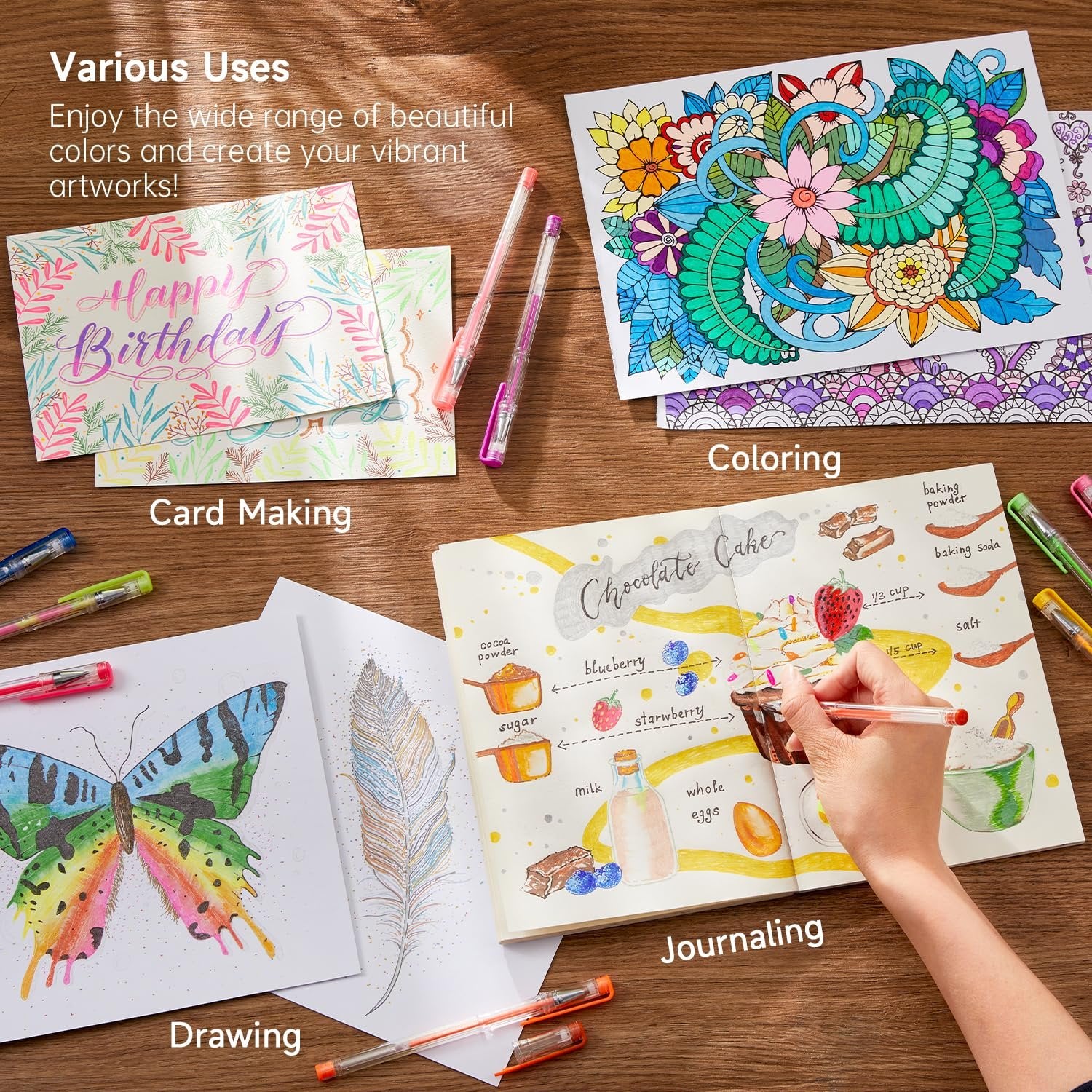 Gel pens and artwork demonstrating various uses including card making, drawing, coloring, and journaling.