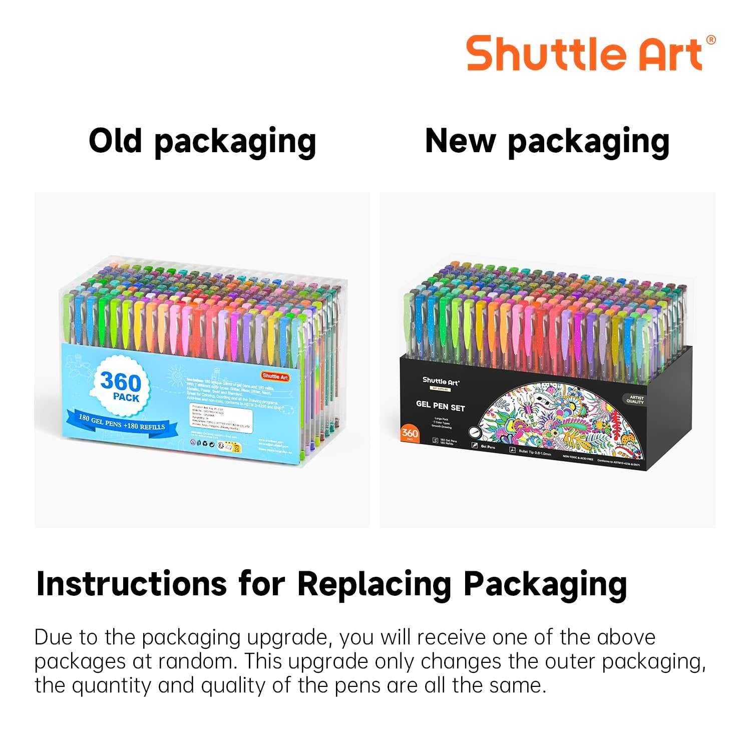 Comparison of old and new packaging for a 360-piece gel pen set with 180 colors and 180 refills.
