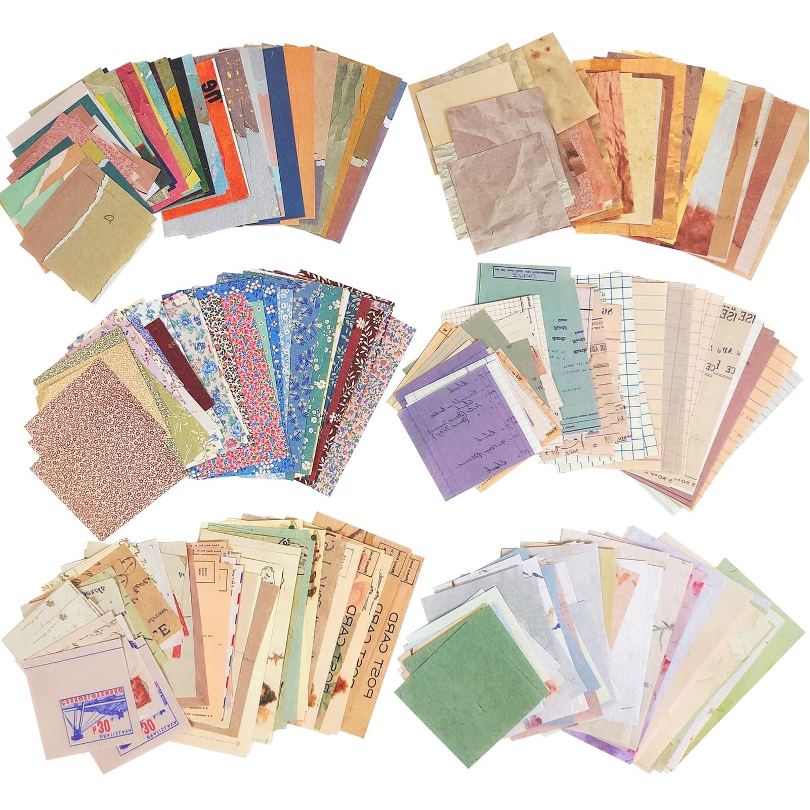 Assortment of vintage scrapbook paper sheets in various styles and patterns, fanned out against a white background.