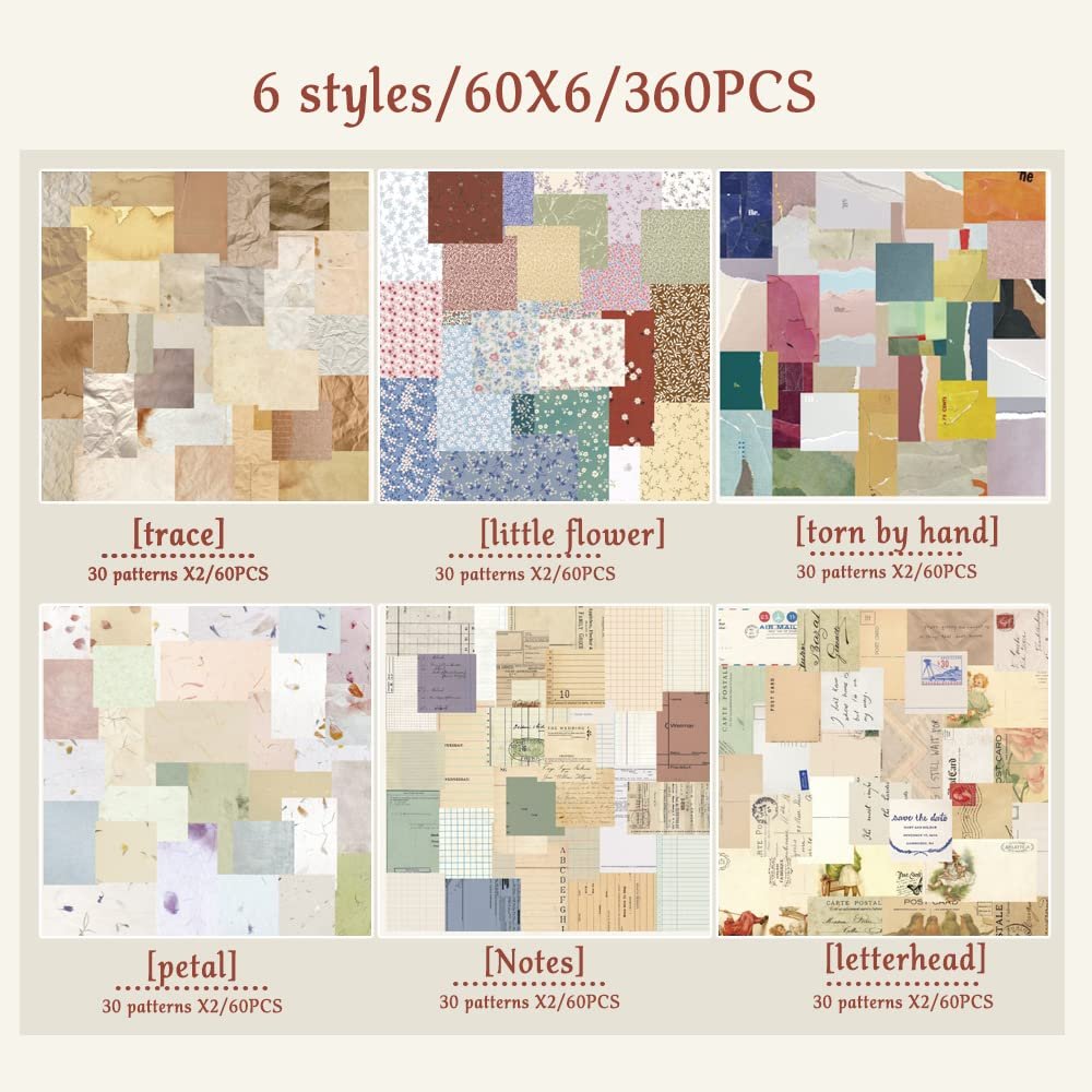 Six panels showcasing vintage scrapbook paper styles: trace, little flower, torn by hand, petal, notes, and letterhead.