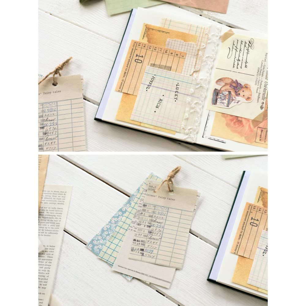 Collage of vintage scrapbook papers and tags with handwritten text and illustrations on a white wooden surface.