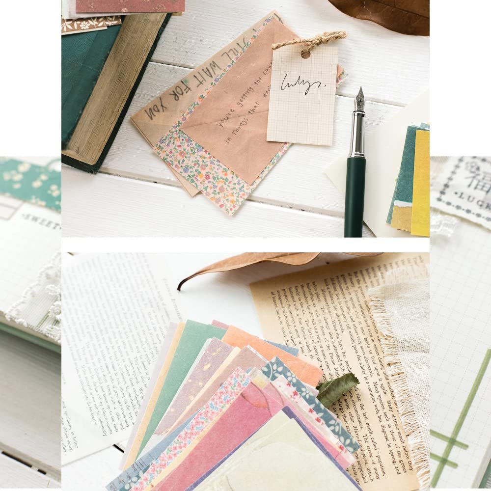 Vintage scrapbook paper and envelopes with a fountain pen and book