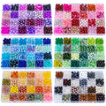 Four clear plastic organizers filled with colorful glass beads for jewelry making, arranged by color.