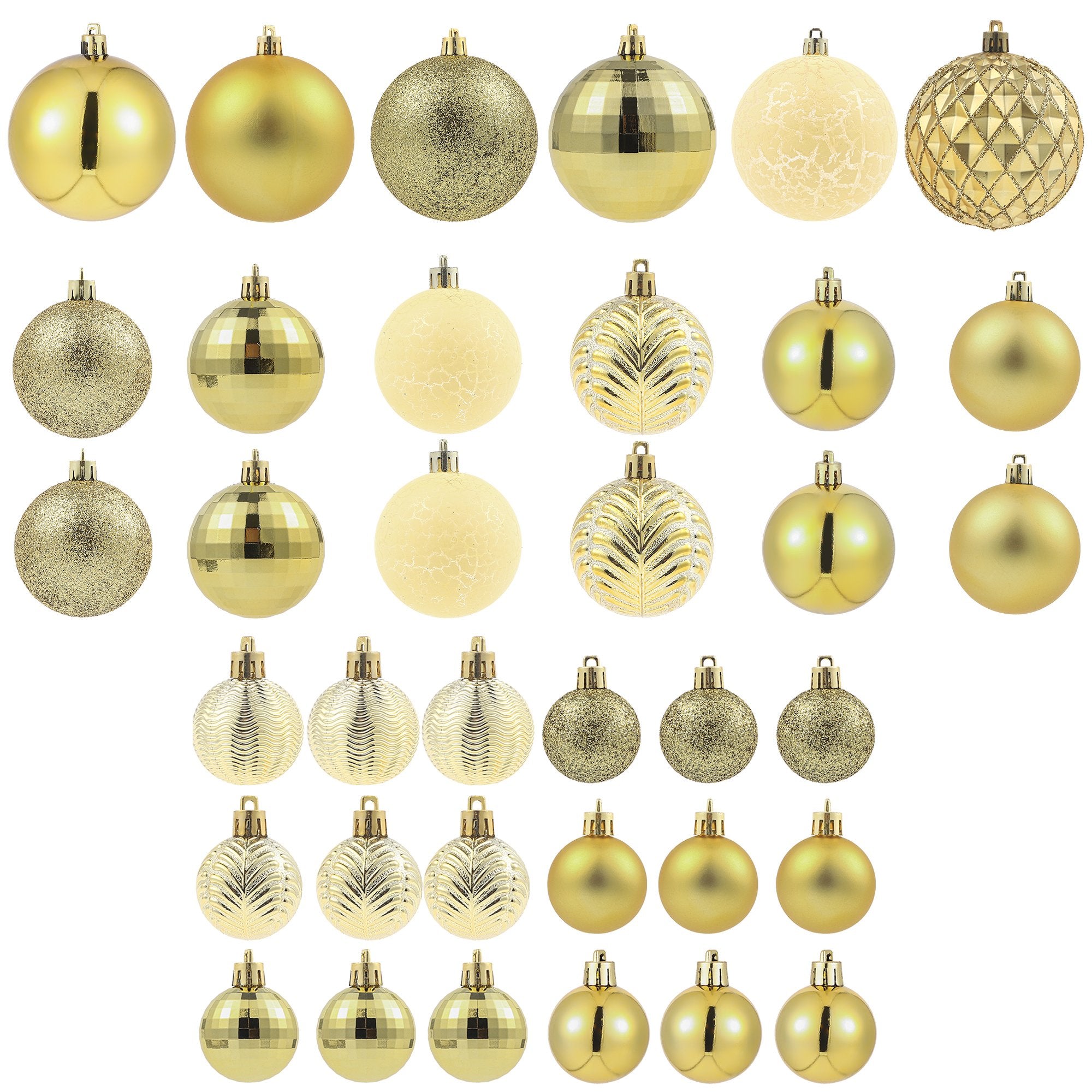 Collection of 36 gold Christmas ball ornaments in various styles and sizes, displayed on a white background.
