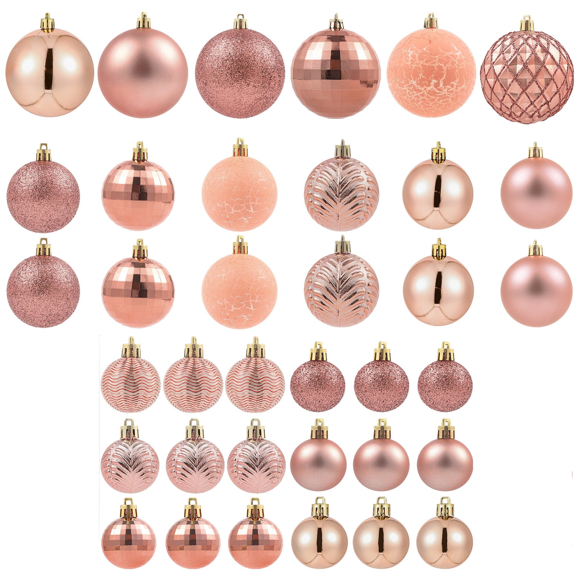 Collection of copper orange Christmas ball ornaments in various sizes and styles, displayed against a white background.