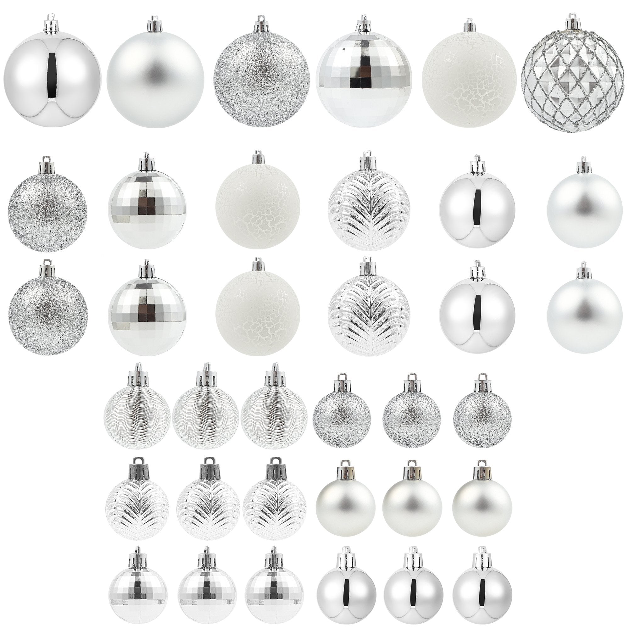 Collection of silver and white Christmas ball ornaments in various sizes and styles, including glitter, mirrored, cracked, and textured designs.