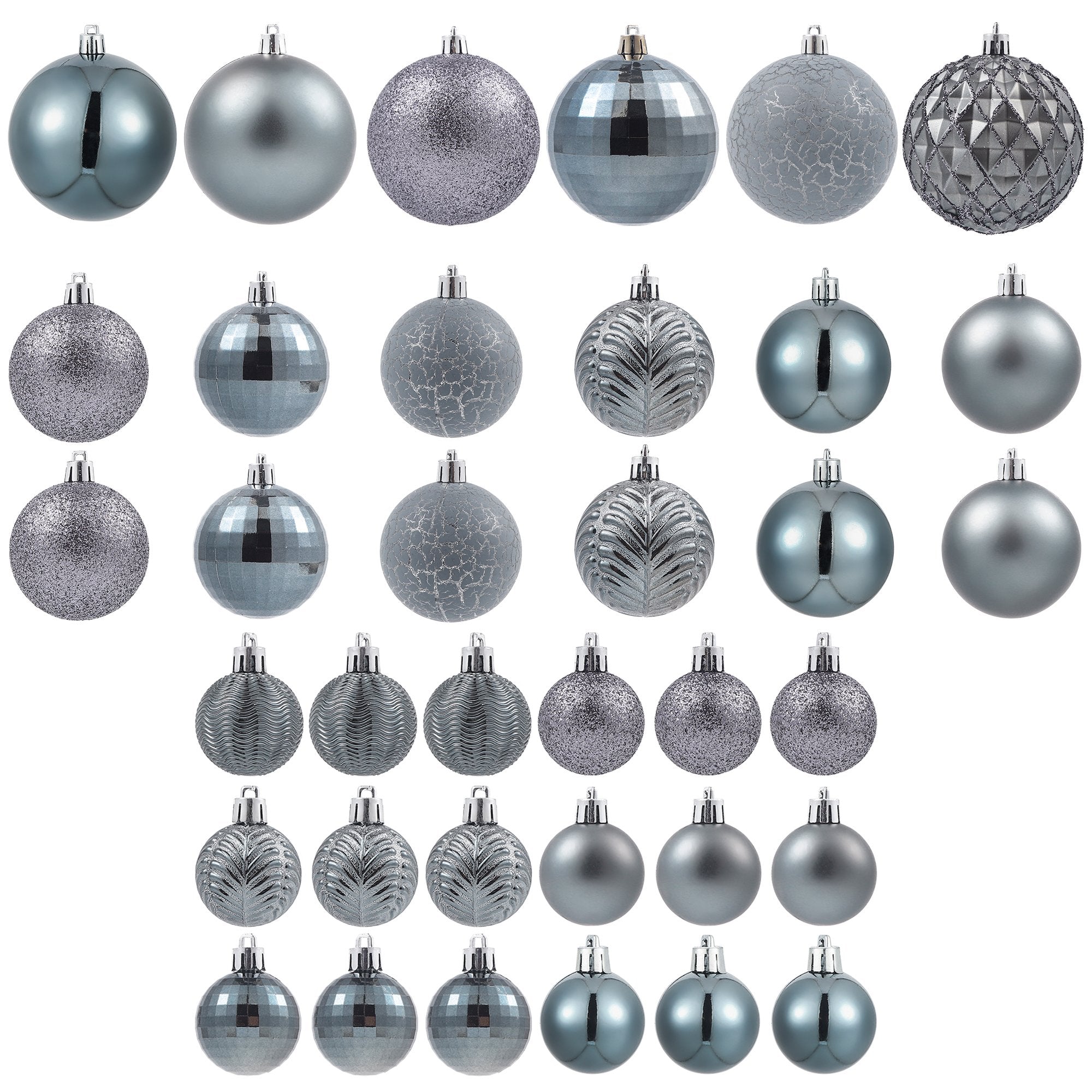 Collection of 36 shatterproof Christmas ball ornaments in copper orange and silver tones, displayed in multiple rows and styles.