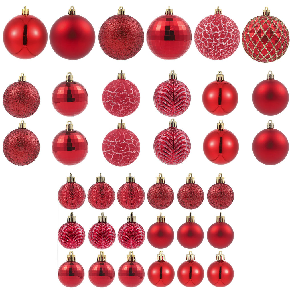 Collection of red Christmas ball ornaments in various sizes and styles, displayed on a white background.