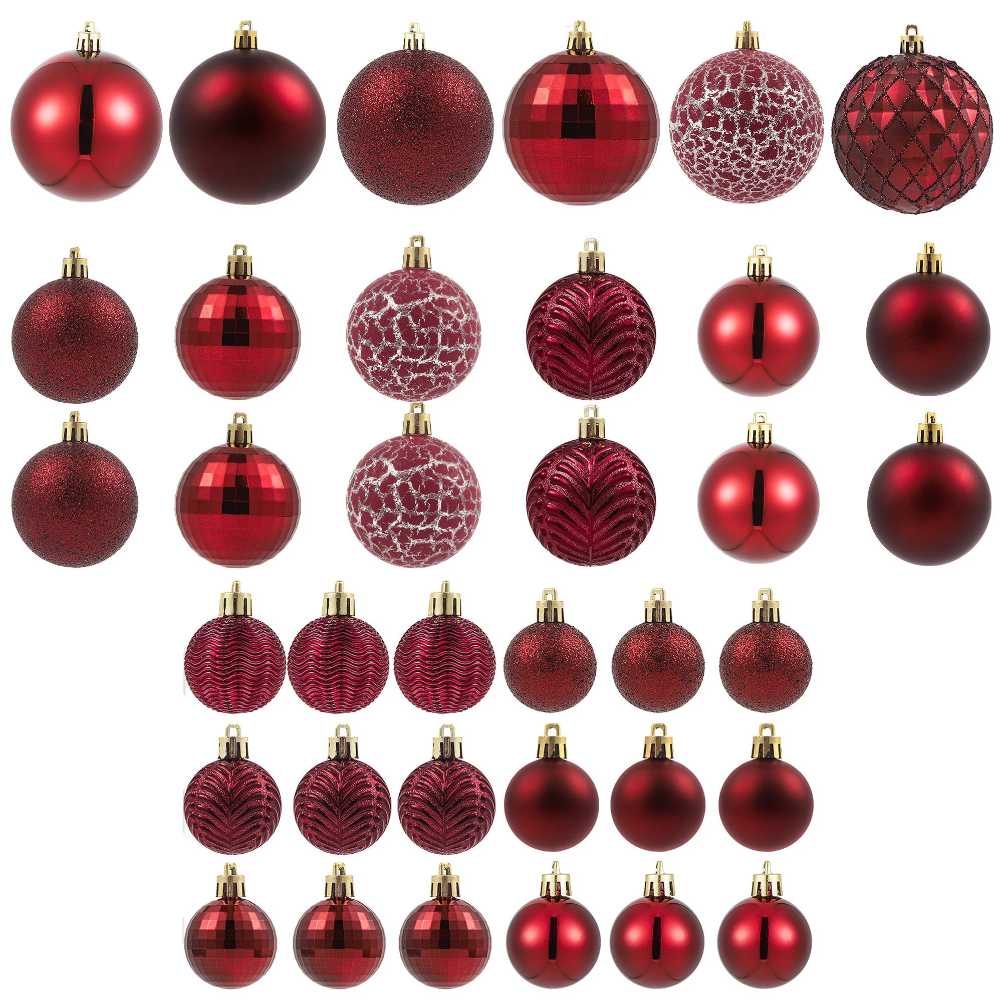 Collection of red Christmas ball ornaments in various sizes and styles, including glitter, faceted, and textured designs.
