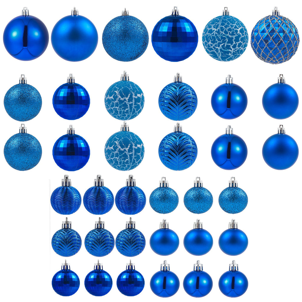 Collection of blue Christmas ball ornaments in various sizes and styles, displayed on a white background.