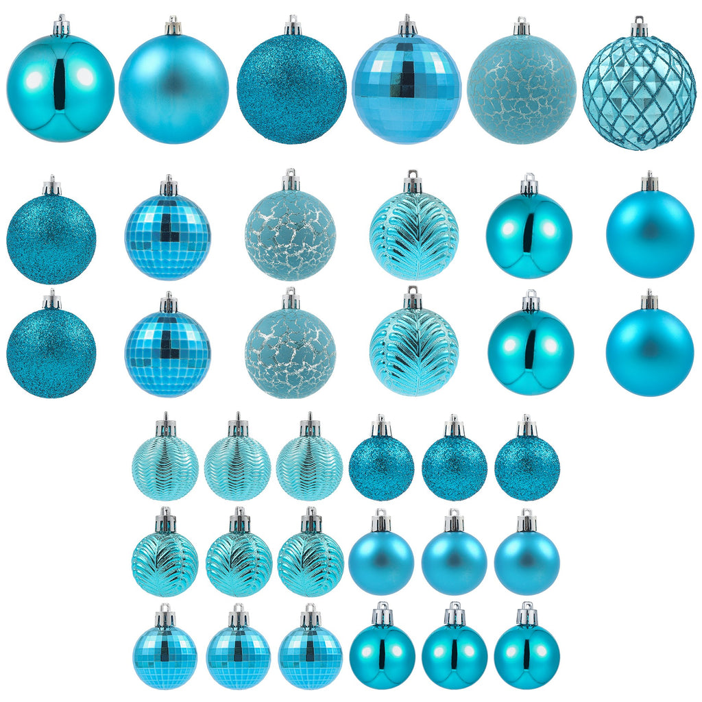 Collection of 36 blue Christmas ball ornaments in various sizes and styles, displayed on a white background.