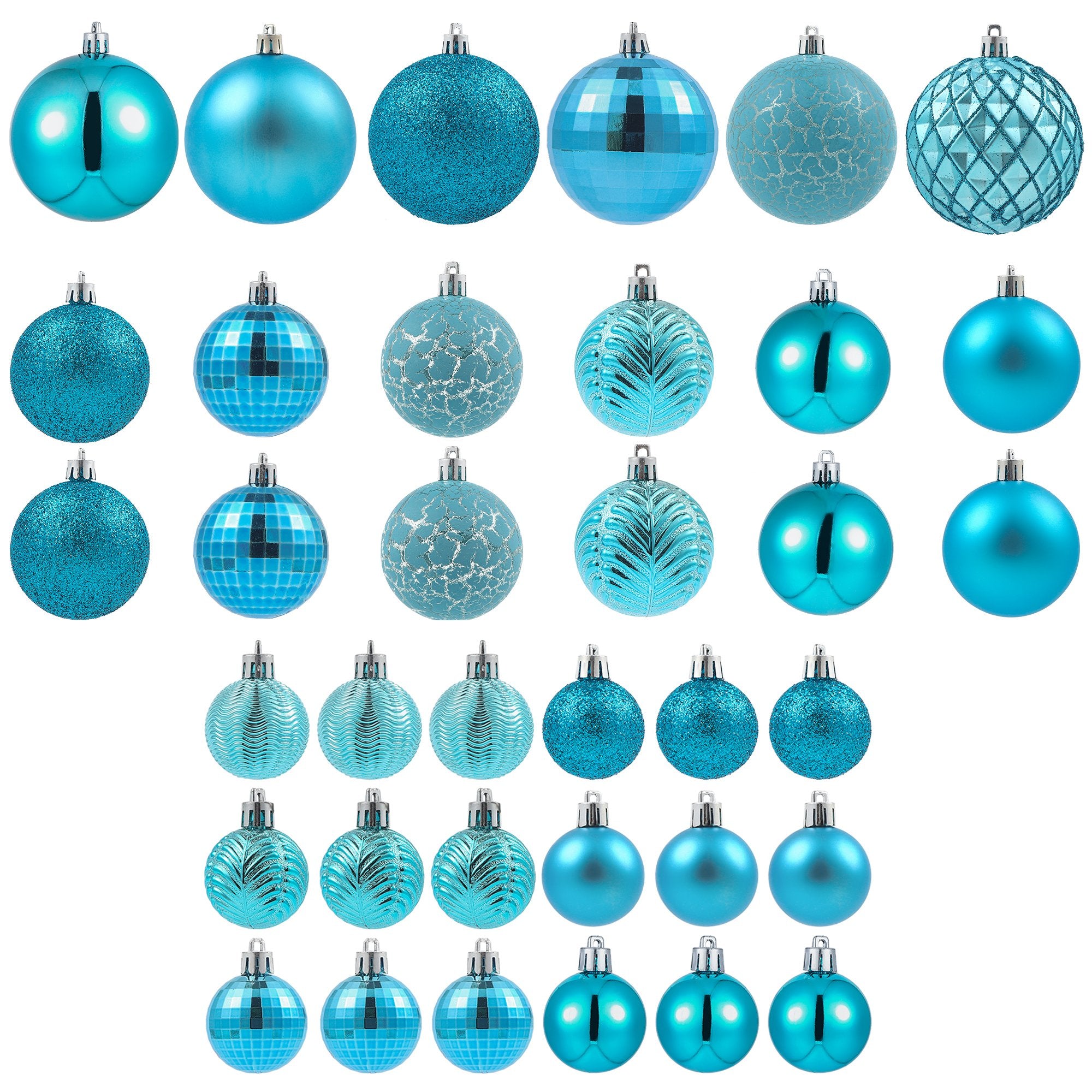 Collection of 36 blue Christmas ball ornaments in various sizes and styles, displayed on a white background.