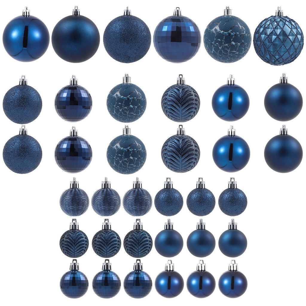 Collection of dark blue Christmas ball ornaments in various sizes and styles, displayed on a white background.