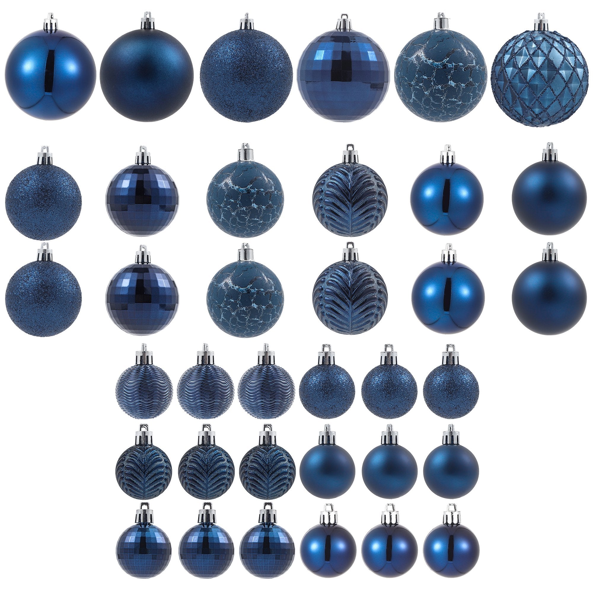 Collection of dark blue Christmas ball ornaments in various sizes and styles, displayed on a white background.