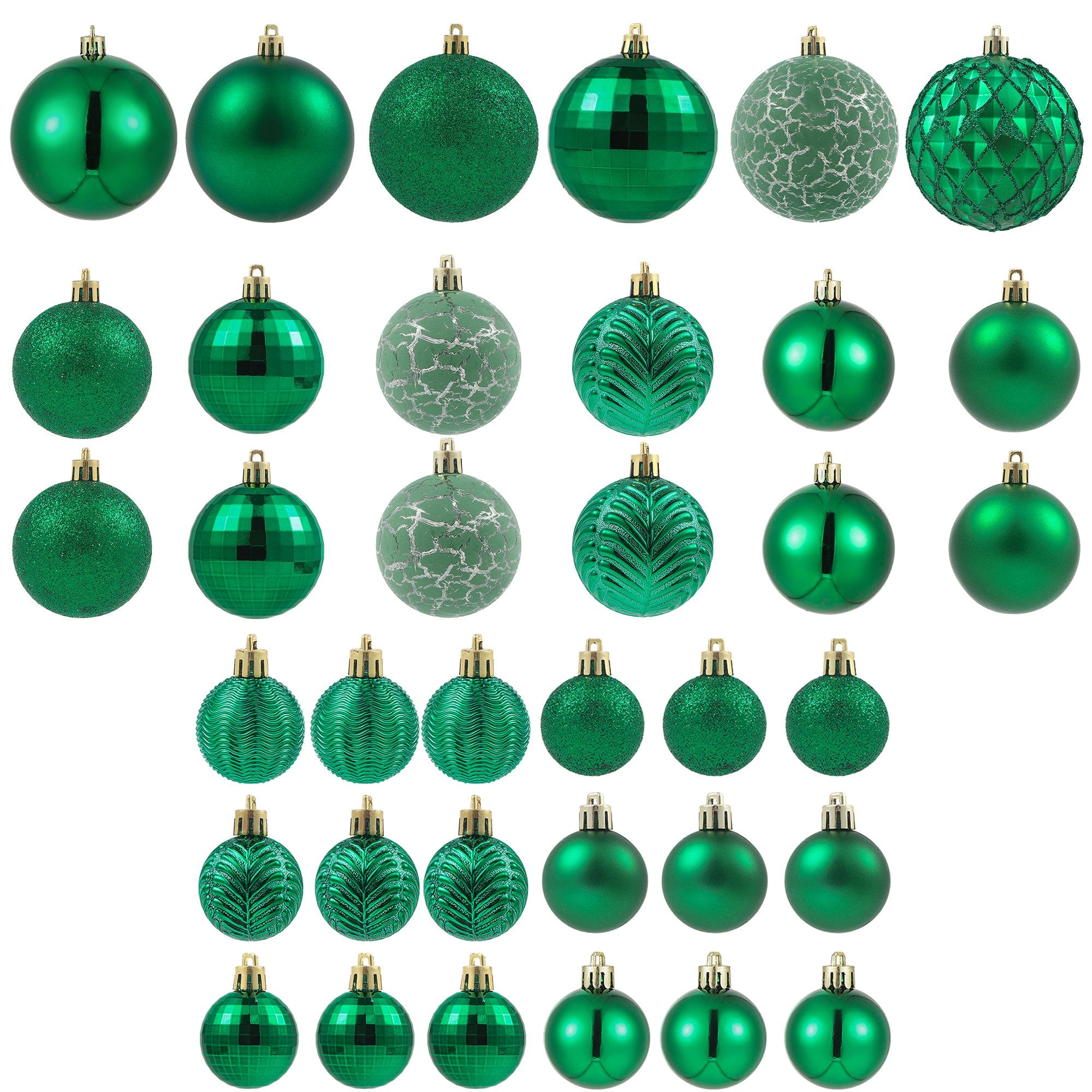 Assortment of green Christmas ball ornaments in various sizes and styles, displayed on a white background.